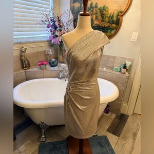 Eliza J Elegant One-Shoulder Silver Shimmer Dress Weddings or Date Night